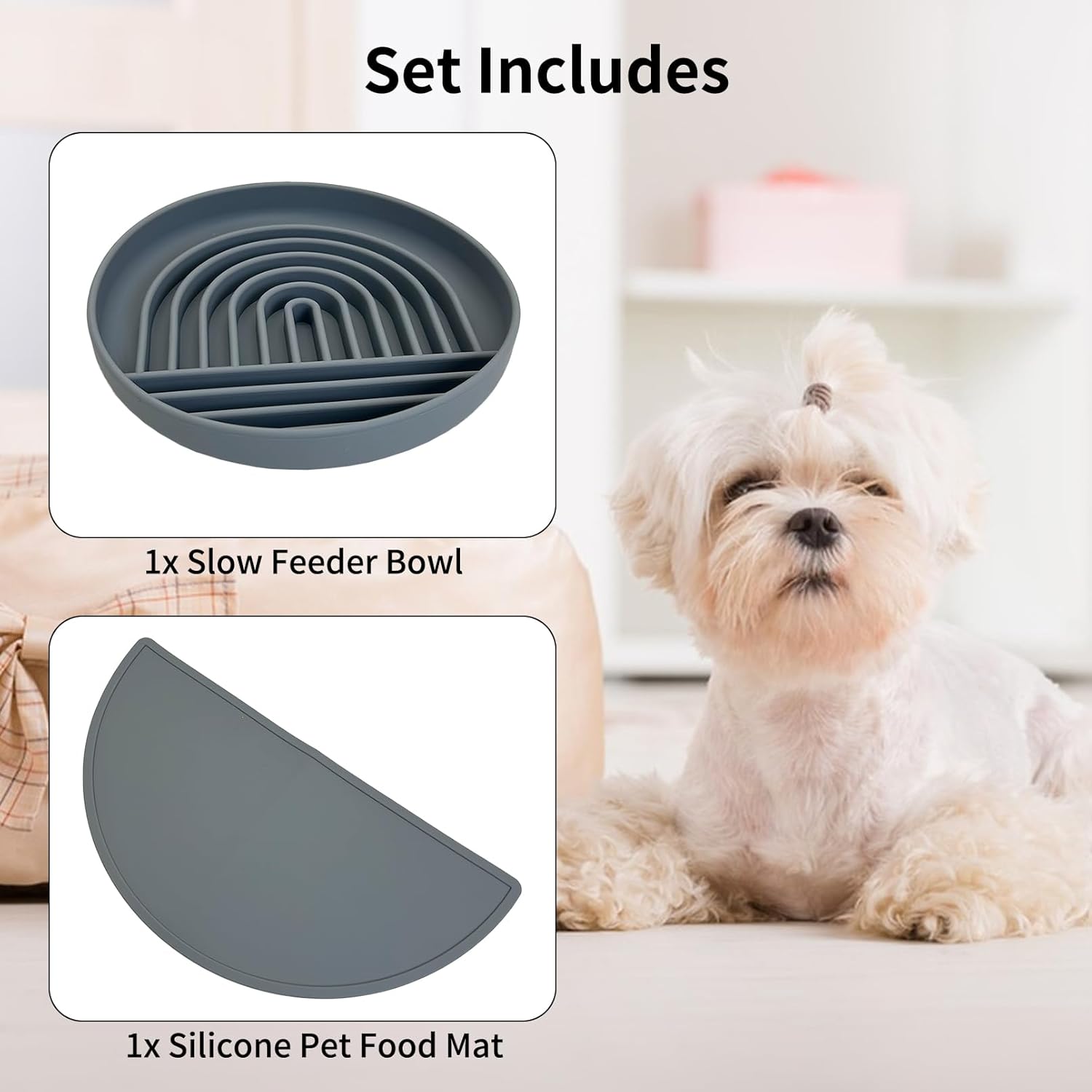 Slow Feeder Dog Bowl & Silicone Pet Food Mat Set